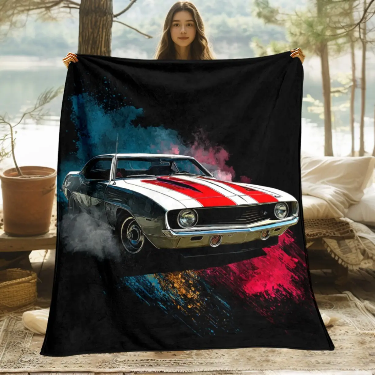 1pc Racing Car Design Blanket -Soft Warm Flannel Fabric, Vintage Muscle Car & Modern Sports Car Digital Print- All-Season Bedspread, Sofa Throw, Travel & Camping Blanket for Men, Boys, Racing Fans