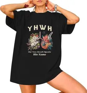 Vintage Washed 100% Cotton Short-Sleeve T-Shirt - YHWH Floral Butterfly & "Every Breath Speaks His Name" Print, Comfortable Loose Fit Casual Tee for All Seasons, T-shirt Stylish, Allseason Apparel, Artistic Print Shirt, Medium Stretch Fabric