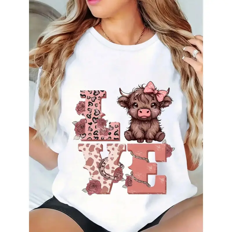 Highland Cow Women's Shirt, Casual Chic - Casual Crew Neck Short Sleeve For Daily Wear, Casual Wear, Seasonal Fashion, Comfortable Material, Party Apparel |       Fun Graphic Shirt |       Comfortable Fit