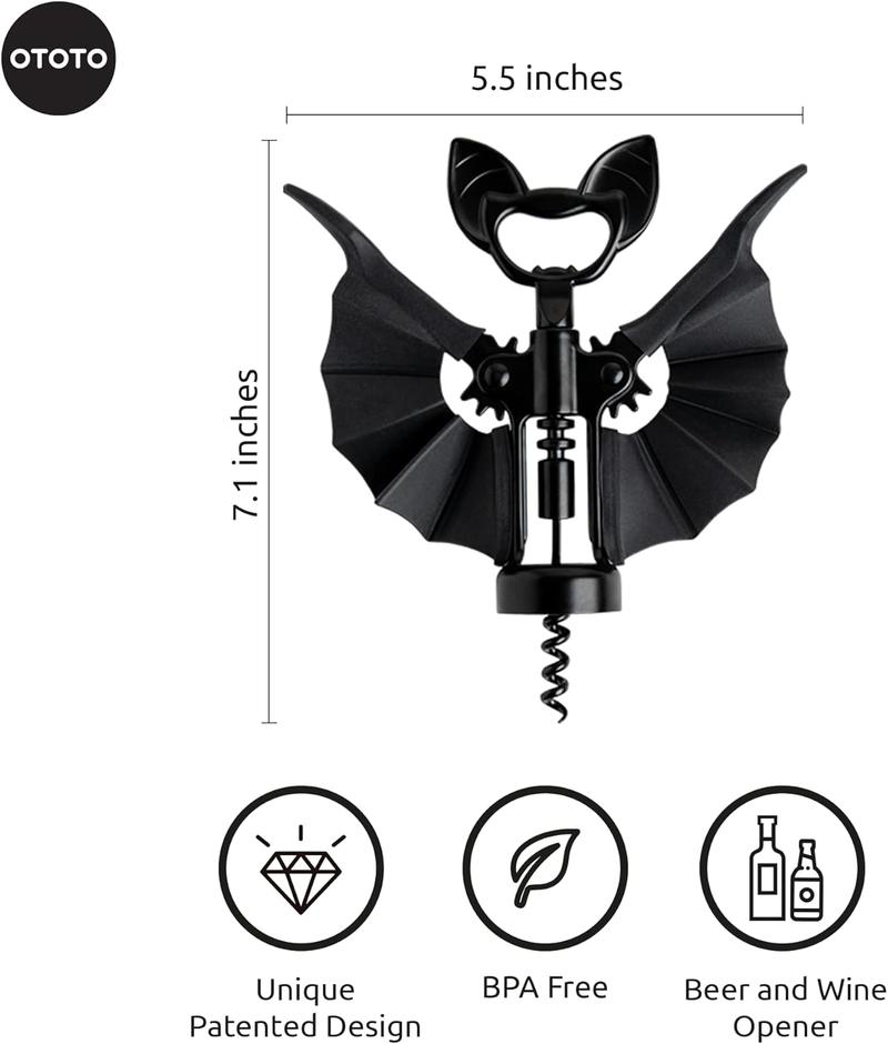 OTOTO Vino Spooky Bat Wine Opener 2-in-1 Bat Wing Corkscrew & Bottle Opener | Unique Black Goth Home Decor | Perfect Gift for Bat & Wine Lovers | TikTok Must-Have | Funky Kitchen Supplies | Kitchen Accessories