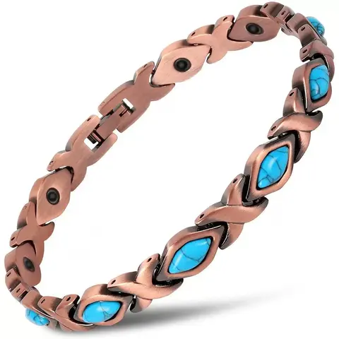 Unisex Red Copper Magnetic Exquisite Bracelet with Cord Chain, Natural Turquoise Unique Gemstones - Comfy Daily Fashion Costume Jewelry for Adults, Women's Gift