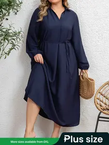 Plus Size V Neck Long Sleeve Dress, Casual Loose-Fit Woven Fabric, Spring & Fall Fashion, Comfortably Wide Hem, Elegant Waist Belted Style
