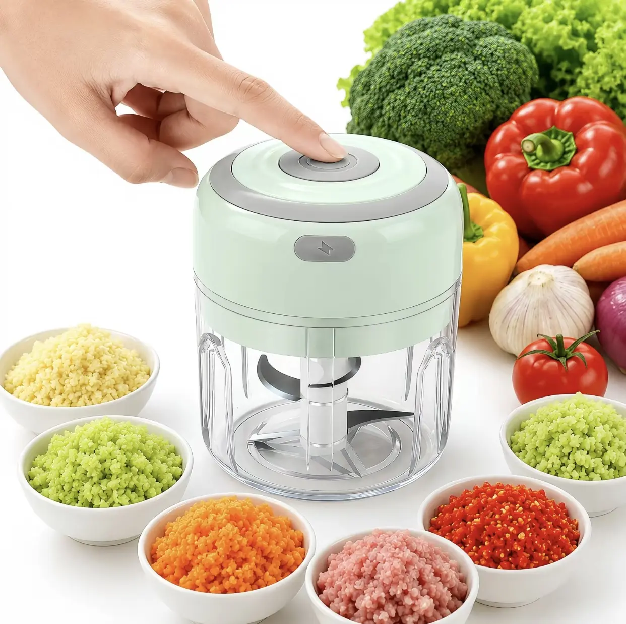 USB Rechargeable Electric Food Chopper,  250ML Cordless Mini Garlic Mincer with Stainless Steel Blades, One-Touch Vegetable Processor for Onion, Chili, Herbs, Nuts & Kitchen Meal Prep Chopper Vegetable Cutter Manual Food Processor
