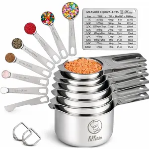 Stainless Measuring Cups and Set of 16-7 Cup & 7 Spoon + Conversion Chart & Leveler - Measuring and Cups - Dry Measure Cups Stainless & Baking Measuring Cups