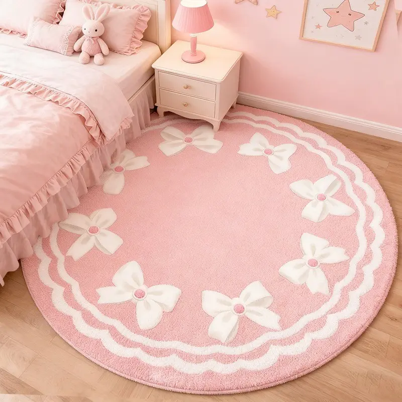 Pink carpet, Bow and heart print rug, 1 PC soft plush bedroom rug, romantic round foot mat, soft and fluffy area rug, Soft Fluffy Rugs, stylish home decor, suitable for living room, sofa, lounge, Valentine's Day gift