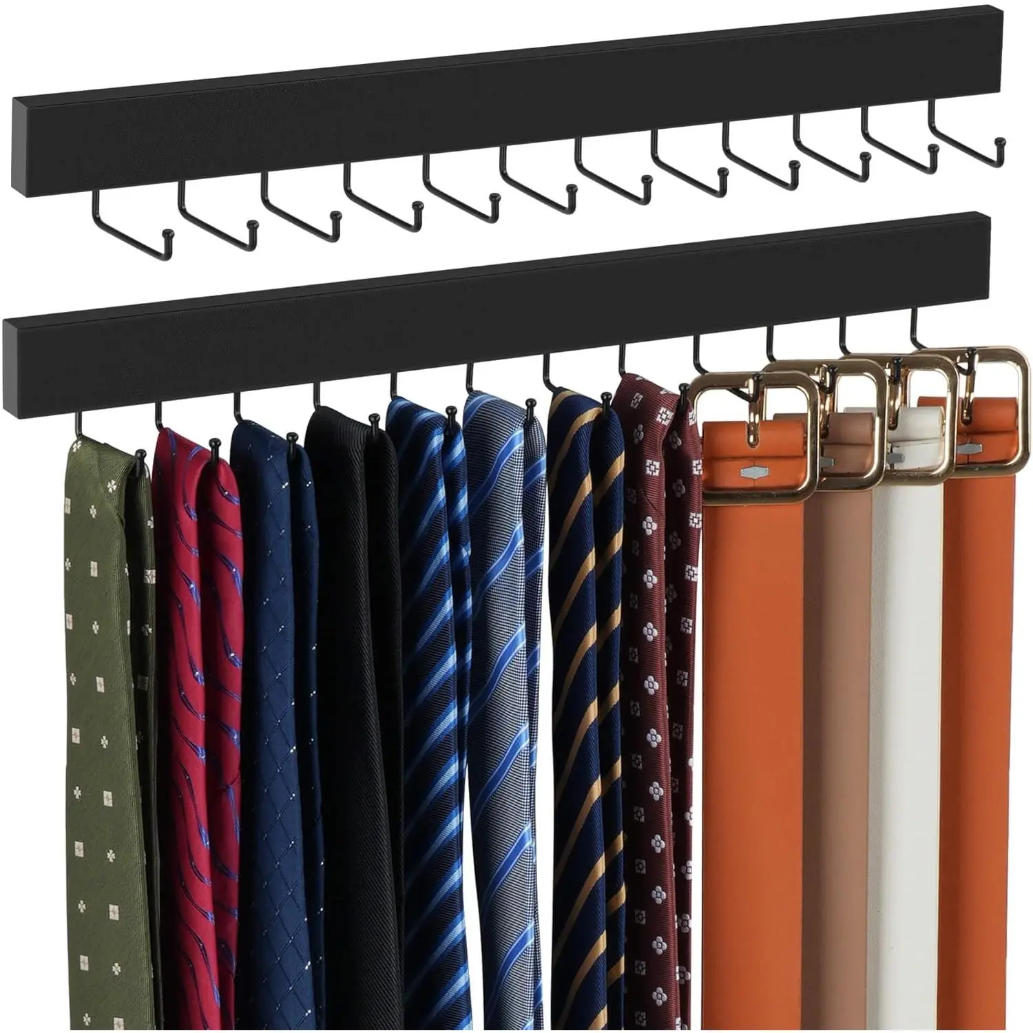 Wooden Tie & Belt Organizer Set (2-Pack Wall-Mounted Hook Storage Racks), 24 Adjustable 180-Degree Rotating Hooks for Men, Black Space-Saving Storage Solution, Adjustable Hooks, Storage Accessories