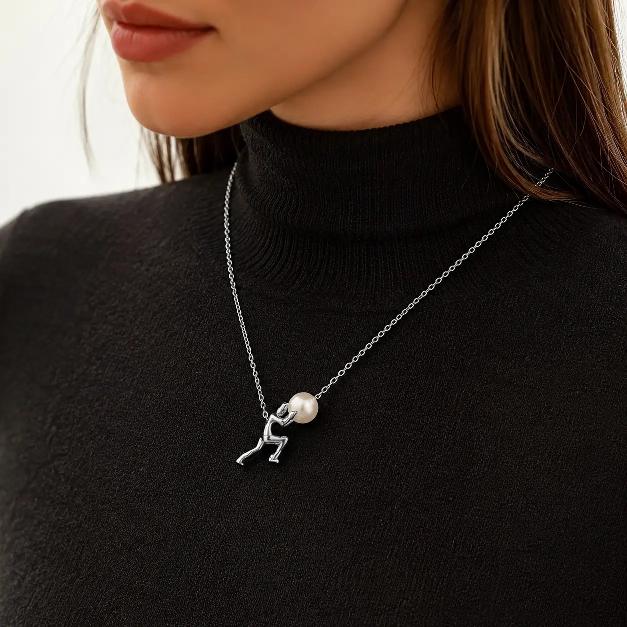 call you mine jewelry 1 38-Silver Plated Pearl Pendant Necklace, Movable Sisyphus Figure Necklace, Adjustable Princess Length Chain 18.14 + 2.08 Inches,    elegant   Jewelry Gift for Women & Men accessory party cubana cadena hip hop costume dainty