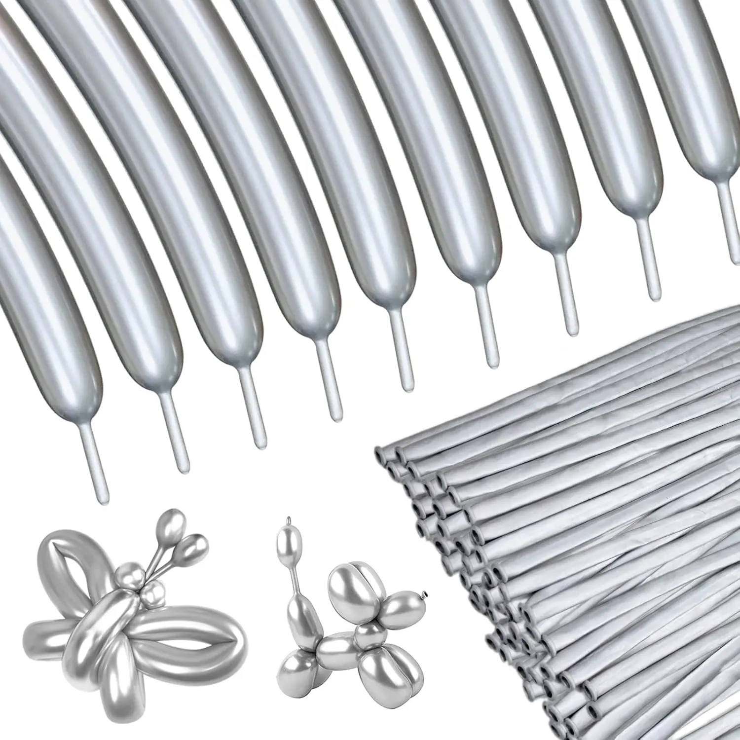 Silver Metallic 260 Long Balloons 100 Pack Modeling Long Magic Balloons Shiny Latex Diy Animal Balloon For Birthday Wedding New Year Festival Party Decoration (Silver Twisting Balloons)