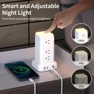 US standard surge protector night light power socket , electric outlet to usb  with controllable night light, 2 USB-A slots 2 Type-C 12 AC outlets with 2M extension cord, suitable for household, office, school, tourism