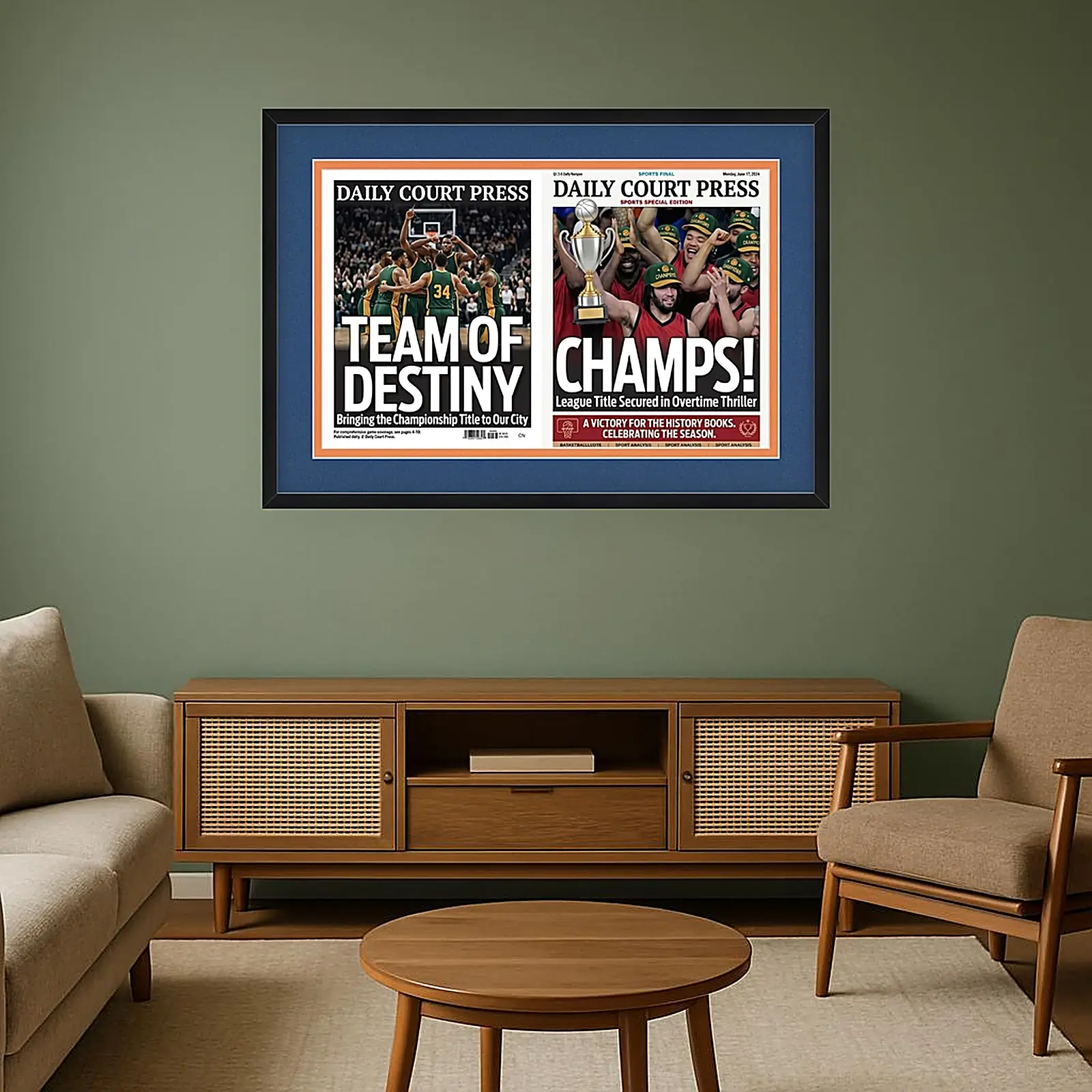 New York Post Newspaper Frame, Full 2-Page Spread, Black Wood, Blue & Orange Mat