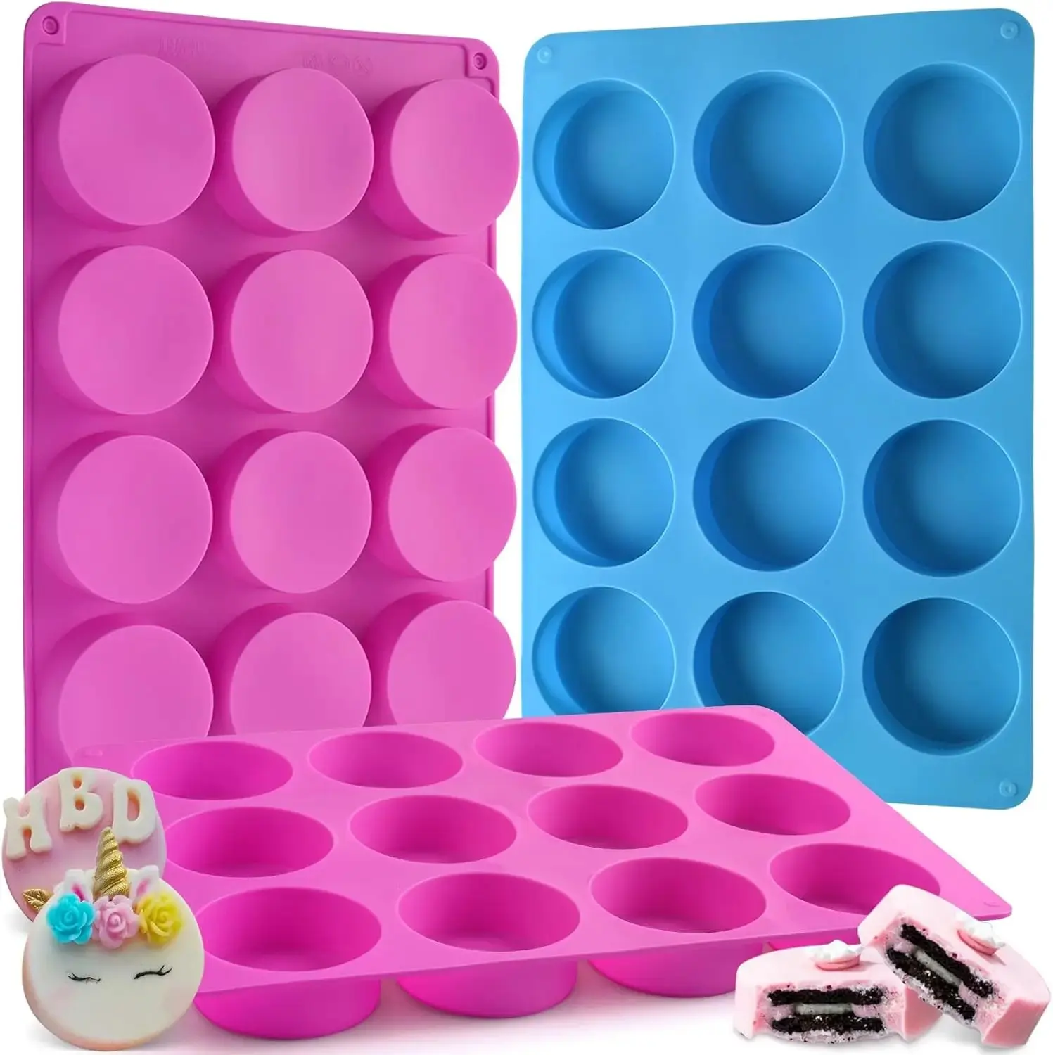 Kitchen Flexible 3-Pcs Round Silicone Chocolate Cookie Molds - 12-Cavity Cylinder Molds for Cake, Candy, Mini Soap (2 Rose Red, 1 Blue)
