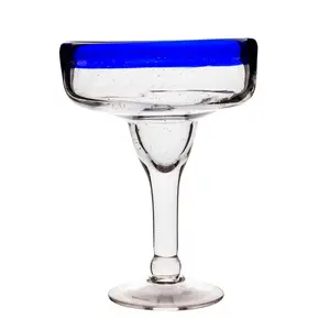 BarConic® 14 oz Margarita Glass, Blue Rim, Pineapple-Themed Kitchenware Drinkware