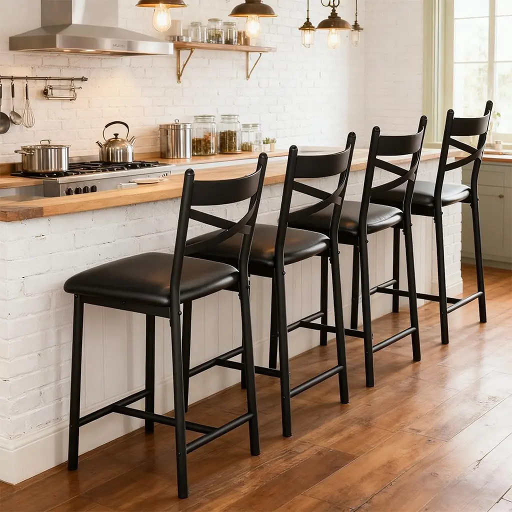 Garvee and Garvee Counter Height Bar Stools Sets with PU Upholstered Seats, Metal Frames, X-Design Backs, Footrests, and Cushioned Seating in Various Colors and Set Sizes for Kitchen Islands, Bars, and Dining Rooms