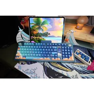 Beach Theme Blue Wireless Full Set Keyboard with Vibrant Ocean Design Comfortable Ergonomic Layout for Gaming and Work