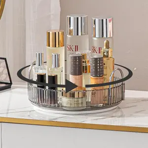 360° Rotating Makeup Carousel, Gold-Accent Cosmetic Organizer with Multi-Tier Trays for Perfumes, Skincare and Brushes, Vanity Countertop Display Beauty Organizer, Beauty Supplies Organizer