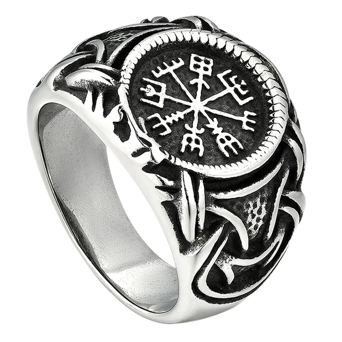 OIDEA Men's Norse Mythology Viking Rune Odin Compass Ring - 0.78in Wide Heavy-Duty Anti-Rust Stainless Steel Deeply Cast Statement Band, Exceptional Gift for Norse Fans Costume Jewelry Ring
