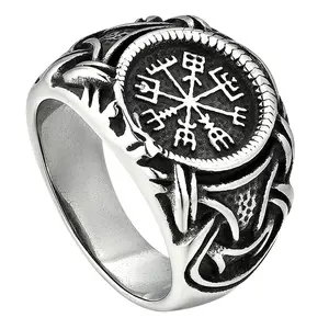 OIDEA Viking Rune Odin Compass Ring for Men, Cast Stainless Steel Norse Statement Band