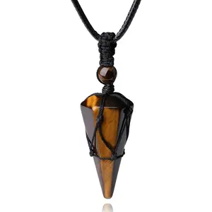 Healing Crystal Stone Pointed Necklace Adjustable Black Rope Natural Gemstone Pendant Necklaces Jewelry for Men Women