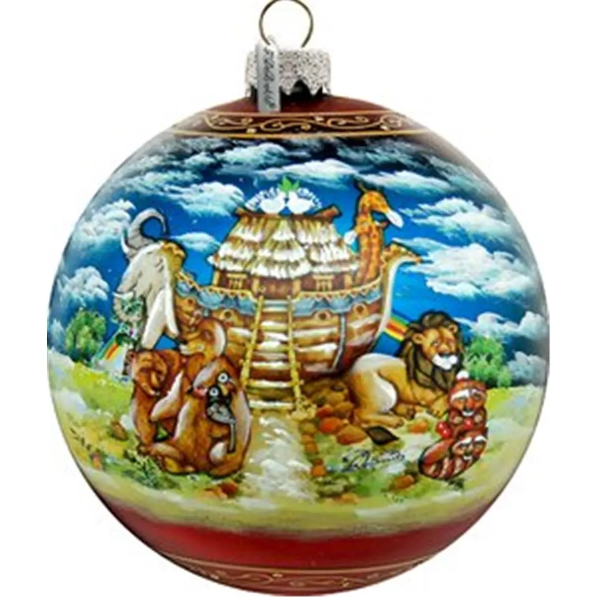 G.DeBrekht 73859 Limited Edition Round Noah's Ark Ball Glass Ornament - Handmade, Hand-Painted Satin Classic Christmas Tree Collectible, Transparent Miniature Scene Iridescent Home Decor, Ribbon-Accented 1 lbs Boxed Original Work of Art Family Gift