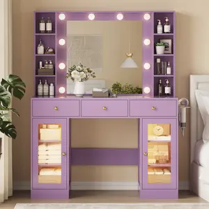 Bedroom Makeup Vanity with LED Light Mirror, Adjustable Brightness & Built-in Power Outlet, Elegant Vanity Table with 4 Drawers & Double Cabinets, Open Storage Shelves for Cosmetics