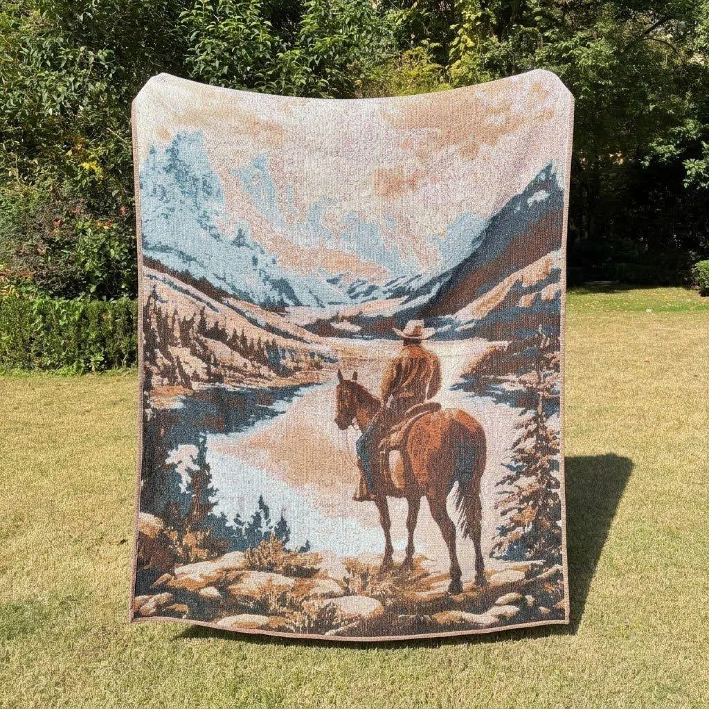 Western Cowboy-Patterned Bohemian-Style Jacquard Tassel Blanket, Breathable Summer Blanket, Boho Landscape Throw Blanket, Thick Breathable Yarn Throw with Tassels for Home Decor, Sofa, Bed, Non-Printed, Fade-Resistant, No Pilling