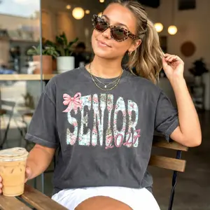 Senior 2027 Girls Shirt, Floral Gingham Coquette Bow High School Senior Tee, Graduation Gift, Class of 2027