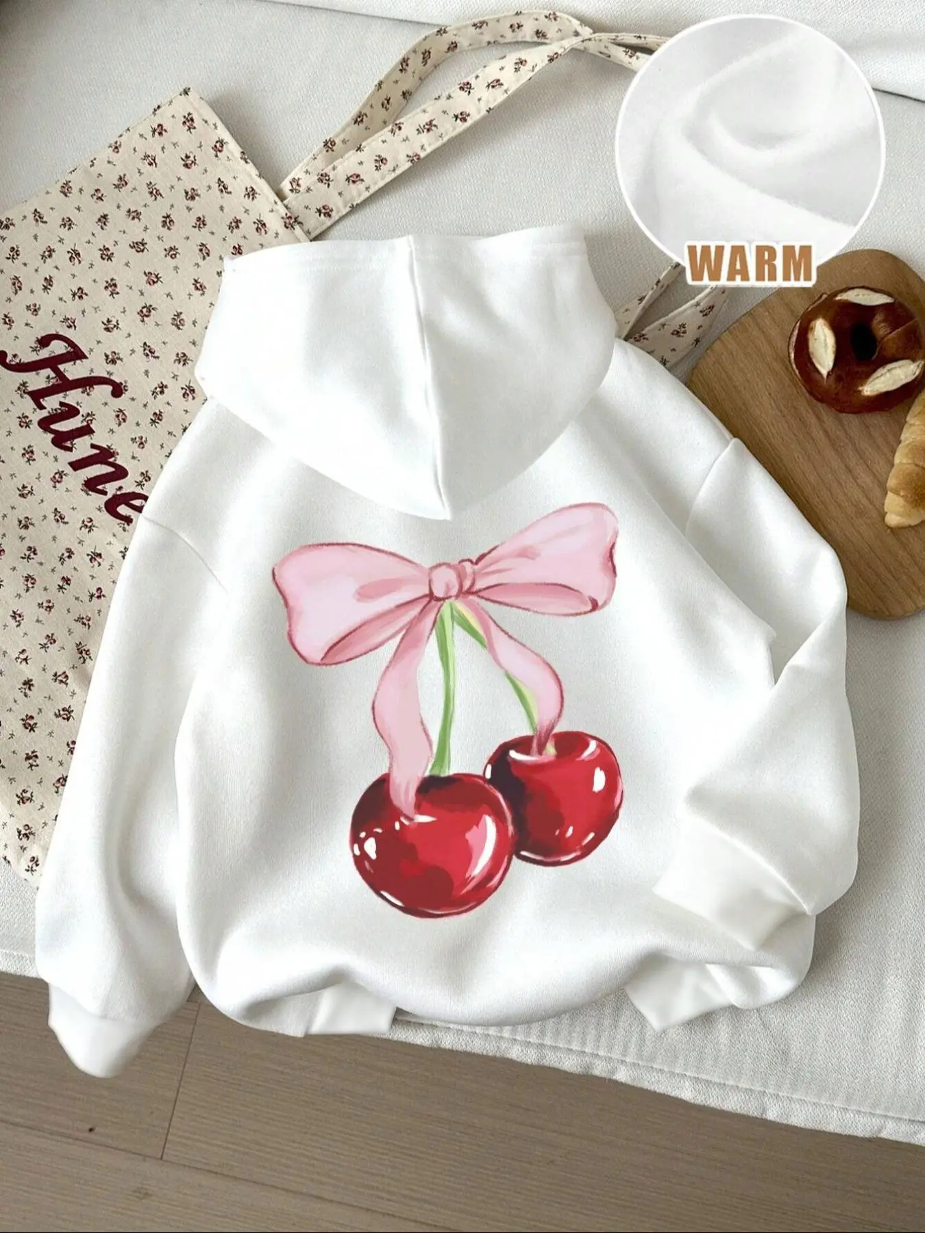 Women's Cherry & Bow Print Hoodie, Casual Long Sleeve Hooded Sweatshirt for Fall & Winter, Women's Clothes for Daily Wear, Cute Sweatshirt