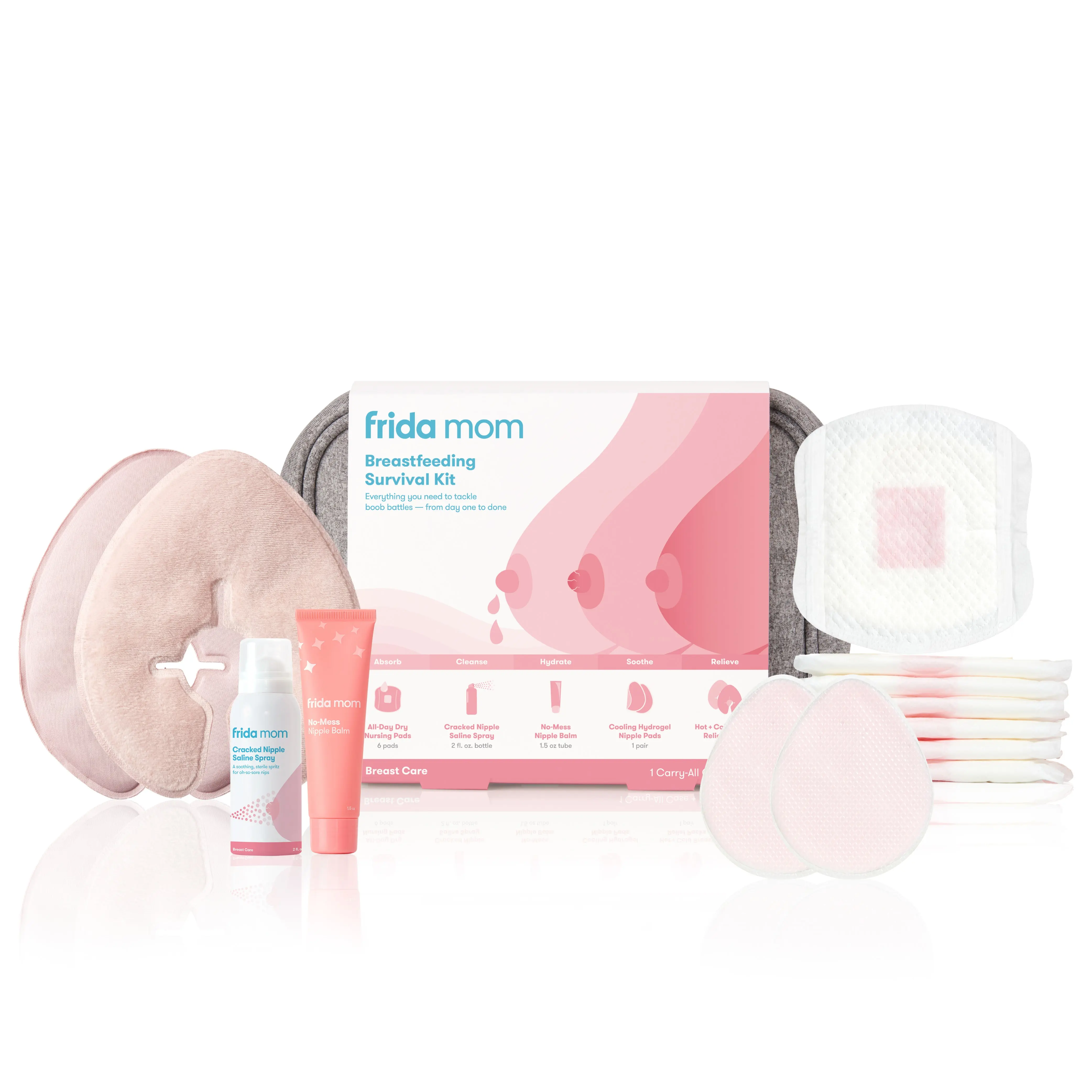 Frida Mom Breastfeeding Survival Kit with Carry-All Case, Hot & Cold Breast Relief Packs, Hydrogel Nipple Pads, Cracked Nipple Saline & More