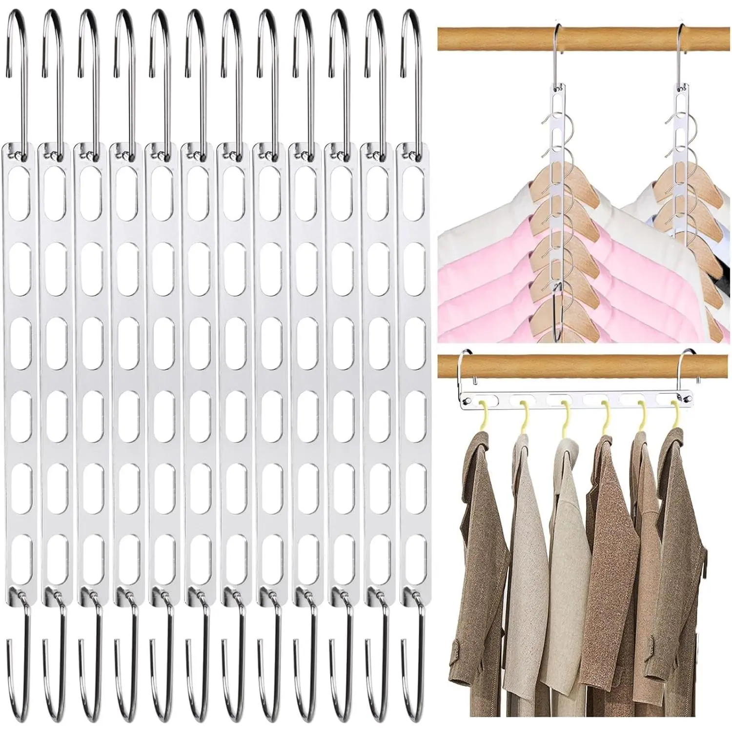 12-Pack Durable Collapsible Metal Clothes Hangers with Hanging Hooks & Large Slots, Space-Saving Closet Storage Organizer, Dorm Room Essential