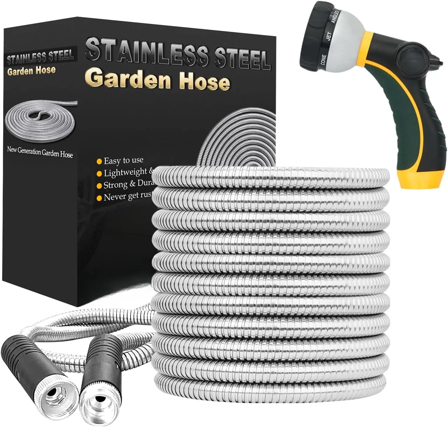 Flexible Metal Garden Hose - Upgrade Leak and Fray Resistant Design, Stainless Steel Water Hose with Solid Fittings and Sprayer Nozzle, Lightweight Kink Free Durable Easy Storage (75 FT)