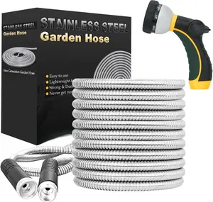 Flexible Metal Garden Hose - Upgrade Leak and Fray Resistant Design, Stainless Steel Water Hose with Solid Fittings and Sprayer Nozzle, Lightweight Kink Free Durable Easy Storage (75 FT)