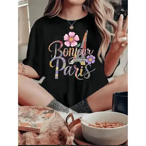 Bonjour Paris Graphic Print Women's Casual Short Sleeve T-Shirt Featuring Eiffel Tower Floral Design Black Round Neck Summer Top With Medium Stretch Comfort Fit Leisure Wear