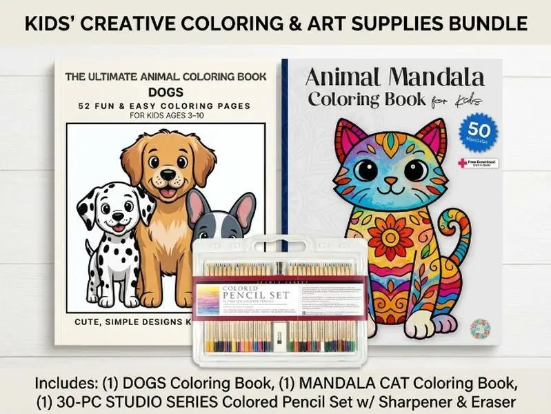 Ultimate Animal Mandala Coloring Bundle for Kids Ages 6+ – Dogs, Cats, Lions & More Coloring Books + 30 Colored Pencil Set