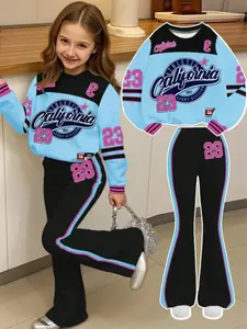 Girls' Round Neck Sweatshirt Set, Girl Clothes, Girl Outfit, Number 23 Print, Fitted Long Pants, Belled Trousers, Casual Spring & Fall, Perfect Gift for Girls