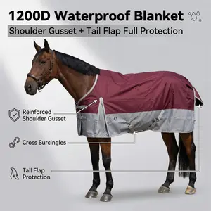 1200D Horse Rain Sheet Equestrian Blanket, Great for that sudden rain shower at the show. No Filling, Smooth Lining, Features shoulder gussets and adjustable leg straps. Crossed surcingle belly and large gusseted tail flap, Double buckle closure front.