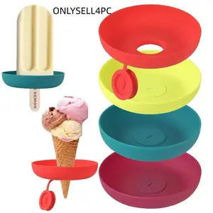 4-Piece Silicone Ice Cream Holder Set, Leak-Proof Cone Stand with Drip Guard, Portable Lightweight Kids Snowcone Rack, Dishwasher Safe, Perfect for Parties & Picnics
