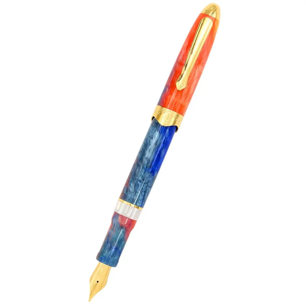 Nahvalur Horizon Dawn Dusk Fountain Pen - Piston Fill, Ultra Flex Nib, Pearl Acrylic, Curved Metal Ring, 38g (1.3oz), 13.5mm (0.53") Ocean Waves Design, 15cm (5.75")-16.8cm (6.6") Size, Custom Nahvalur Box, Premium Office Writing Tool for Professionals
