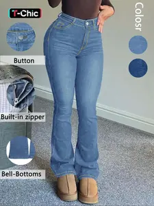Women's Solid Color Basic Tight Fit Casual Trouser Denim Jean Flare Pants, Natural Waist Button Front Design, All Season Fashion Pants with Pockets