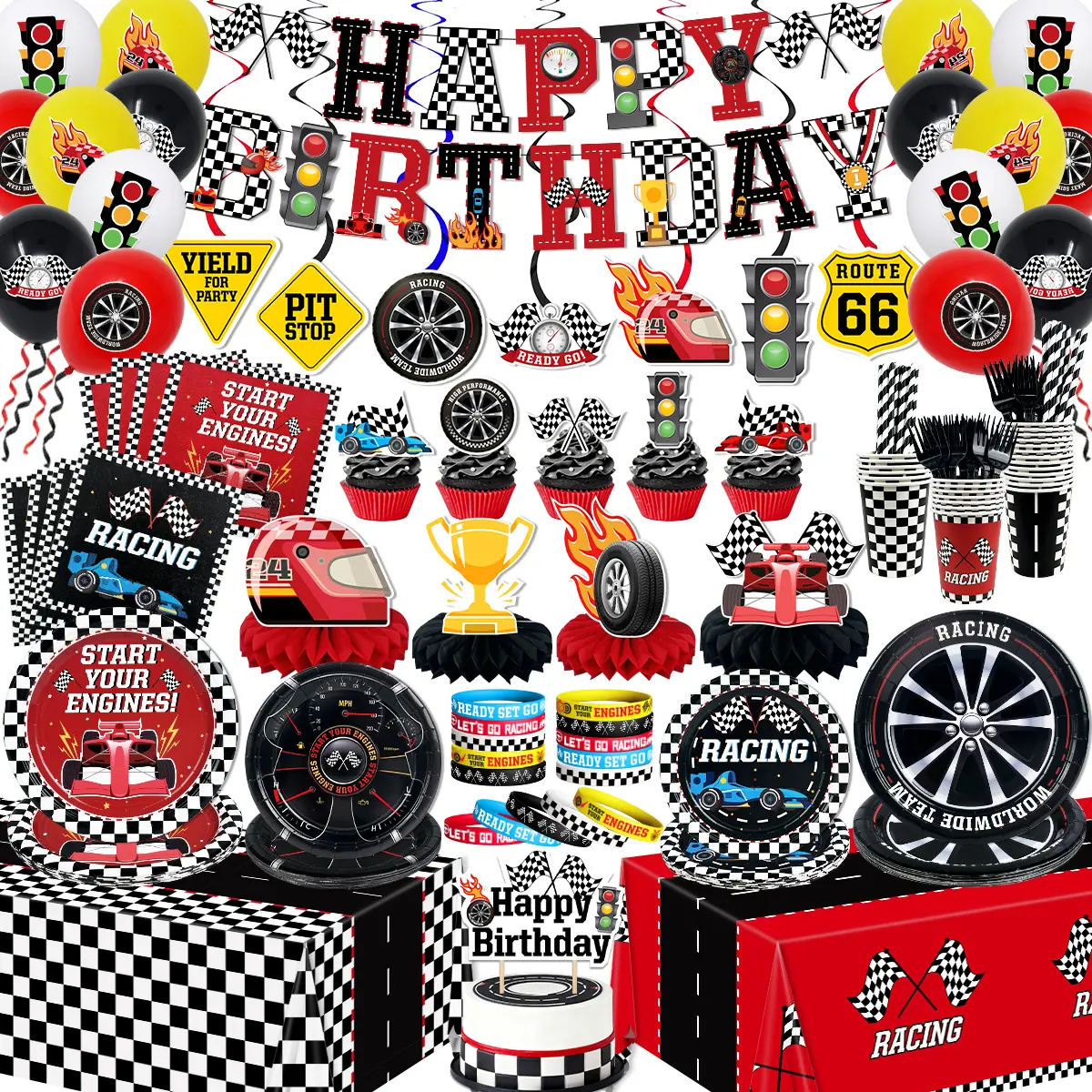 Race Car Birthday Party Decorations Cars Birthday Decorations - Wheel Tire Plates Napkins Checkered Tablecloths Balloons Banner Cake Toppers Honeycombs Centerpieces for Racing Party Decor Serve 26