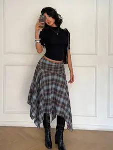 Vintage Plaid Asymmetrical Slimming Midi Skirt, Versatile Fashionable Half-Length Dress, Perfect for Daily Wear & Special Occasions