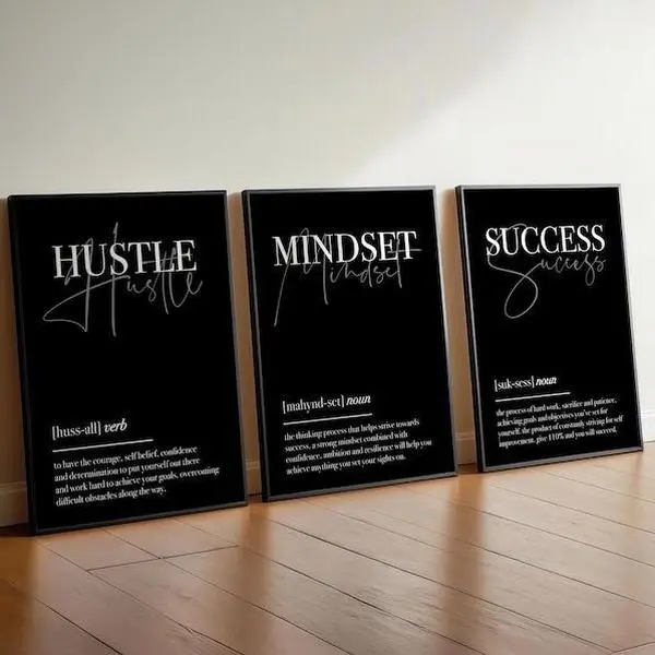 Gym Motivational Wall Art Set of 3 | Hustle Mindset Success Prints | Black Minimalist Typography | Digital Download | Fitness Office Decor