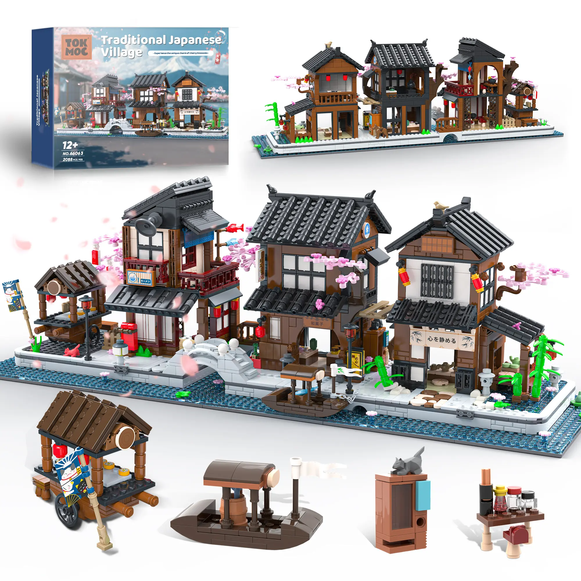 TOKMOC 2058-Piece Immersive Japanese Style Cherry Blossom Village Brick Building Set - Sakura Street Izakaya & Tea House Architecture DIY Playset, House Decoration Collectibles for Anime Fans Aged 12+