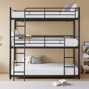 Triple Twin Bunk Beds, Twin Over Twin Over Twin Heavy Duty Metal Bunk Bed Platform Frame for Kids, Metal 3 Bed Bunk Beds with Guardrails, Ladder & Storage, Easy to Assemble