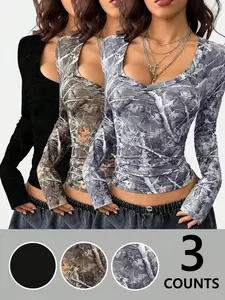 Women's 3-Pack Camo Long Sleeve V-Neck T-Shirts, Casual Everyday Basic Top, Slim-Fit, Plain Pattern, Ideal for Fitness & Street Style