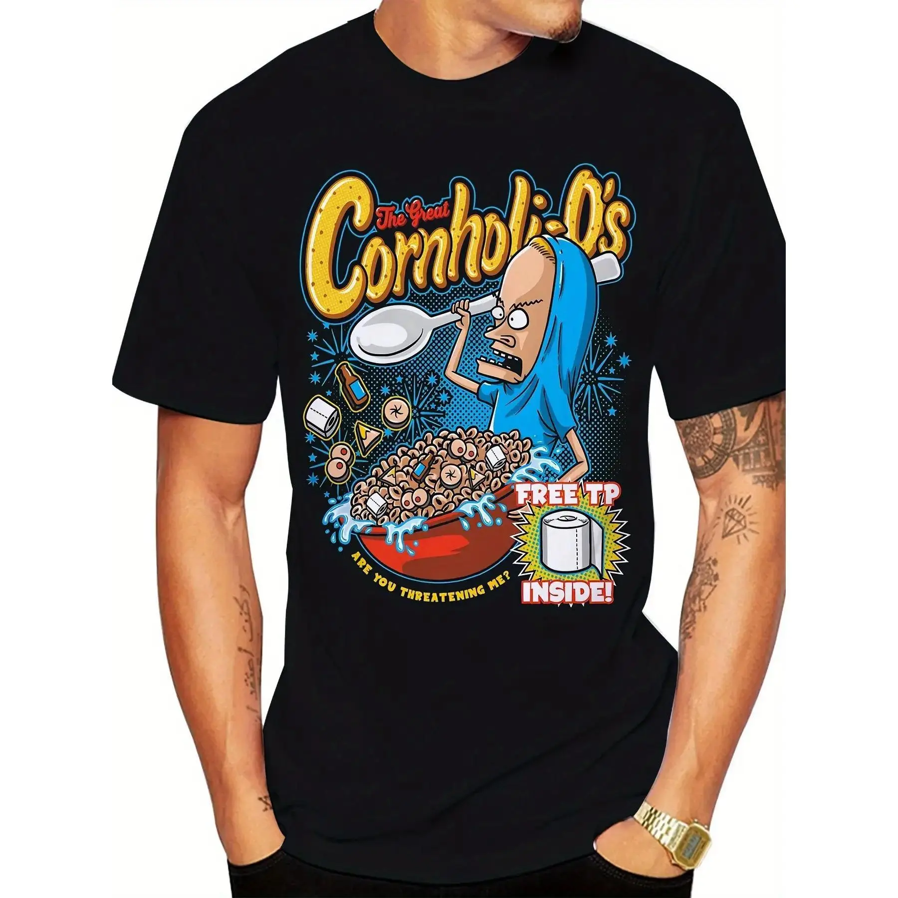 [100% Cotton] Lightweight Printed "Cornholi-O's" Beavis and Butthead Parody American Retro Black Short-Sleeved Unisex T-Shirt, Humorous Cereal Graphic, Casual Streetwear for Cartoon & Comedy Enthusiasts,summerwins,father'sdaygifts