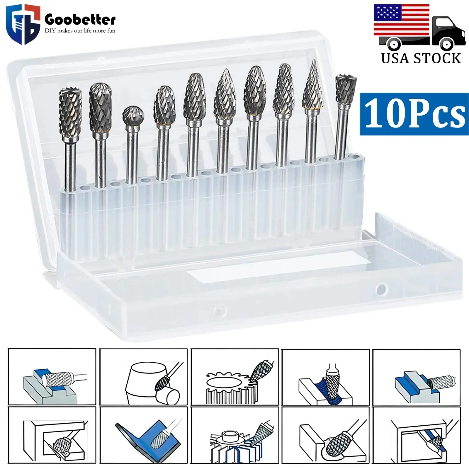 10-Piece Double-Cut Tungsten Carbide Rotary Bur Set, 1/8" (3 mm) Shank Grinding Bits, Durable Deburring Drill Bits for DIY Engraving, Compatible with Rotary Tools & 3-Jaw Chuck Power Grinding Tools