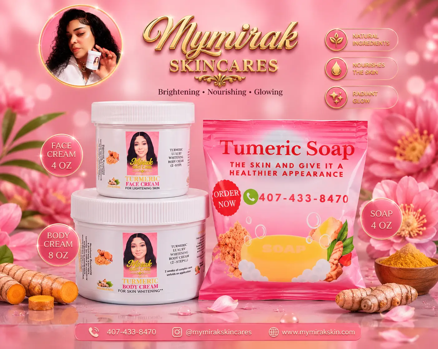 Mirak Grimèl 3-Piece Body Care Set - Cleansing 4 oz Turmeric Bar Soap, 4 oz Turmeric Face Cream, 8 oz Body Cream for Radiant Skin