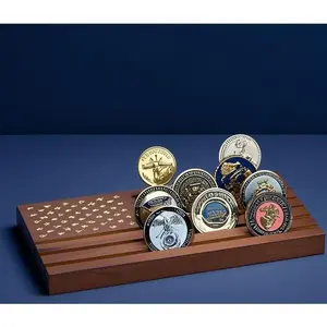 Wooden Challenge Coin Display Stand - 6 Row Collectible Holder with American Flag Design - Reusable Military Coin Organizer - Compact Wall Mount Shelves for Army Medals - Durable Storage Case for Coin Collections Rack Slide Traditional 02-Brown