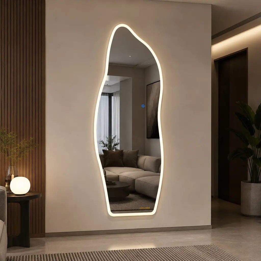 65" x 25" Irregular LED Full Length Mirror, Asymmetrical Organic Shape Wall Mounted Full Body Mirror with 3 Color Lighting, Touch Dimming Lighted Dressing Mirror for Bedroom Closet Entryway