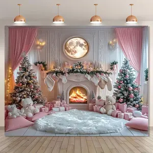 Pink Christmas Background Banners - Elegant Fireplace and Christmas Tree Themed Banner with Teddy Bears and Gifts for Holiday Decoration - Suitable Gifts, Ideal Birthday Parties, Room Decoration For Teenage Boys And Girls